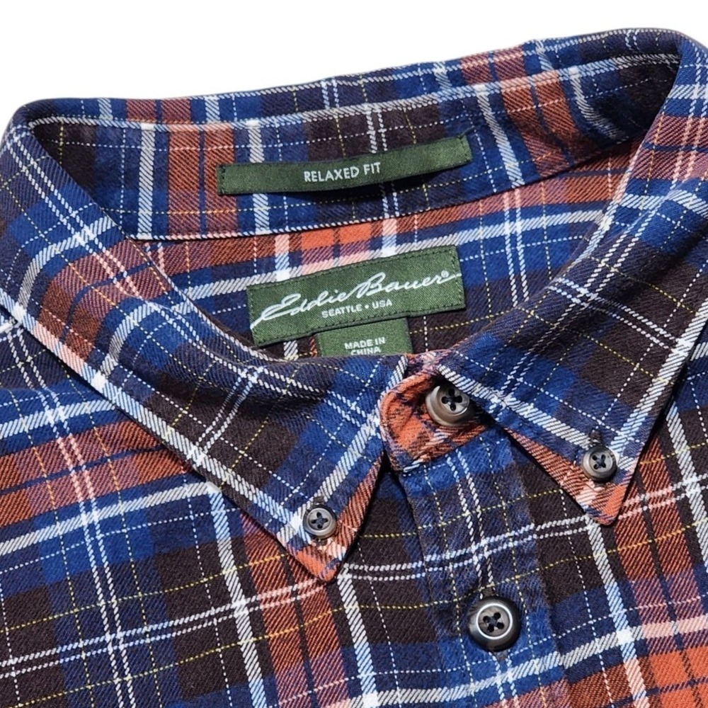 Eddie‎ Bauer Shirt Mens TXL Blue Orange Plaid Flannel Relaxed Fit Button Down